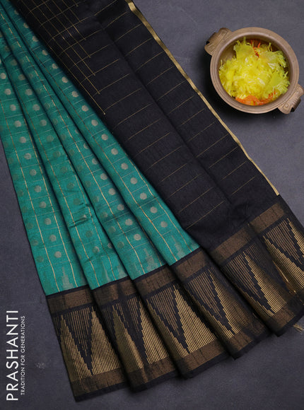 Semi dupion saree peacock blue and black with allover zari checks & buttas and long temple design zari woven border