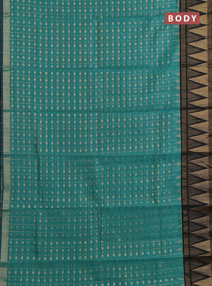Semi dupion saree peacock blue and black with allover zari checks & buttas and long temple design zari woven border