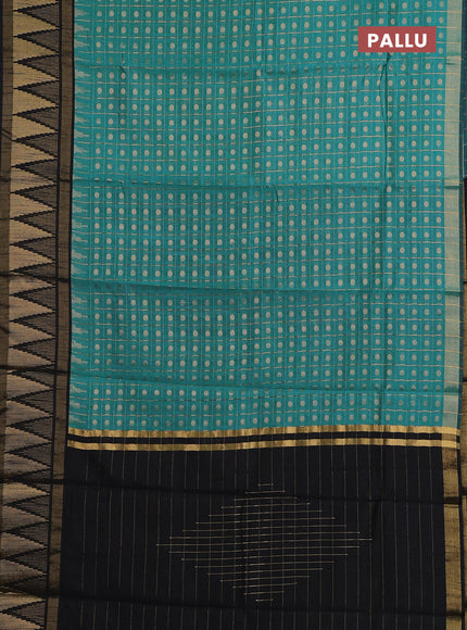 Semi dupion saree peacock blue and black with allover zari checks & buttas and long temple design zari woven border