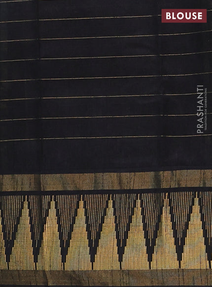 Semi dupion saree peacock blue and black with allover zari checks & buttas and long temple design zari woven border