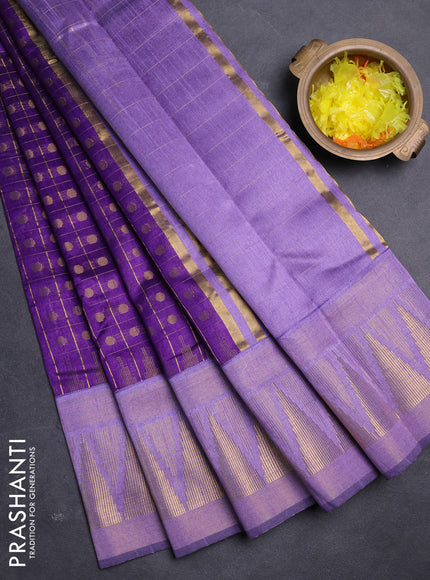 Semi dupion saree violet and lavender with allover zari checks & buttas and long temple design zari woven border