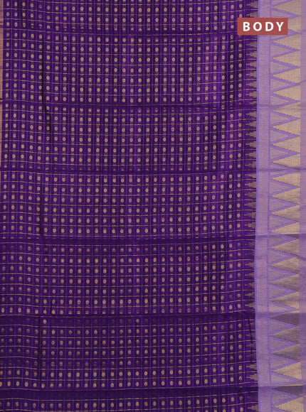Semi dupion saree violet and lavender with allover zari checks & buttas and long temple design zari woven border