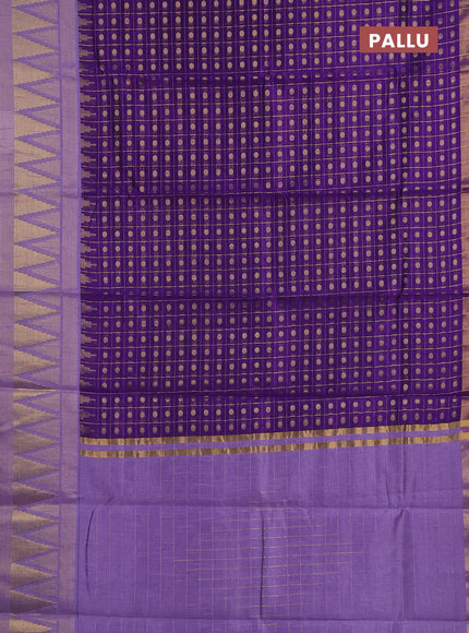 Semi dupion saree violet and lavender with allover zari checks & buttas and long temple design zari woven border