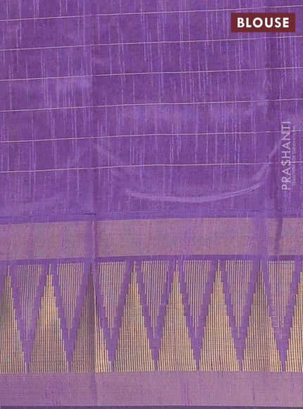 Semi dupion saree violet and lavender with allover zari checks & buttas and long temple design zari woven border
