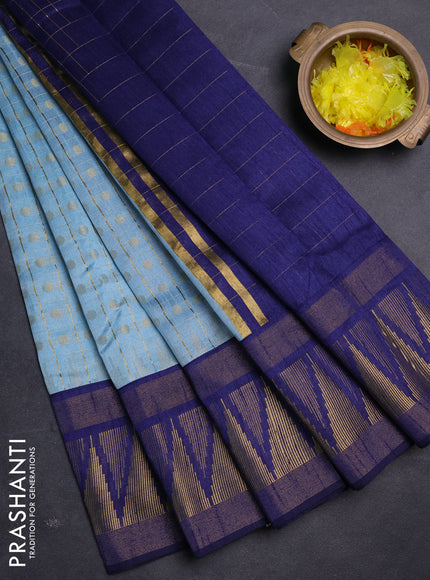Semi dupion saree pastel blue and navy blue with allover zari checks & buttas and long temple design zari woven border
