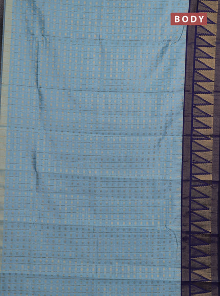 Semi dupion saree pastel blue and navy blue with allover zari checks & buttas and long temple design zari woven border