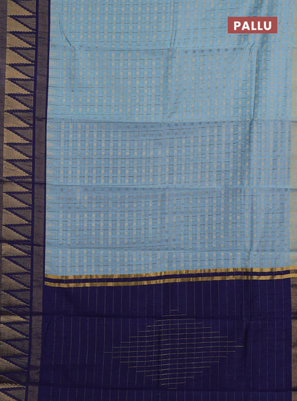 Semi dupion saree pastel blue and navy blue with allover zari checks & buttas and long temple design zari woven border