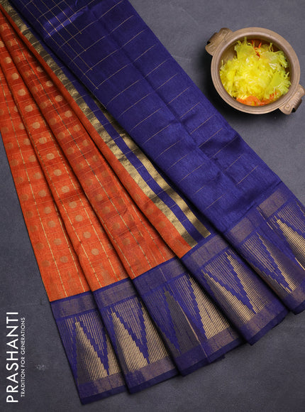 Semi dupion saree rustic orange and navy blue with allover zari checks & buttas and long temple design zari woven border