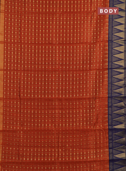 Semi dupion saree rustic orange and navy blue with allover zari checks & buttas and long temple design zari woven border