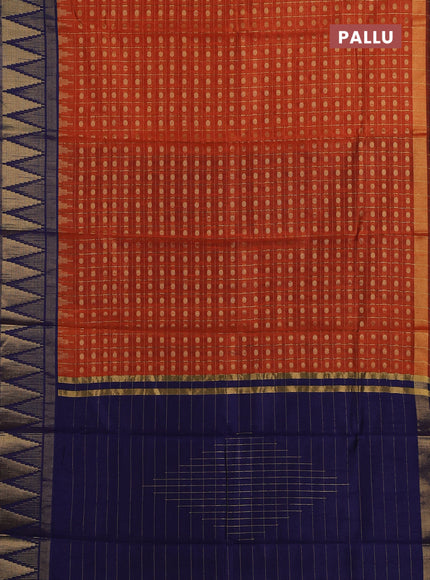 Semi dupion saree rustic orange and navy blue with allover zari checks & buttas and long temple design zari woven border