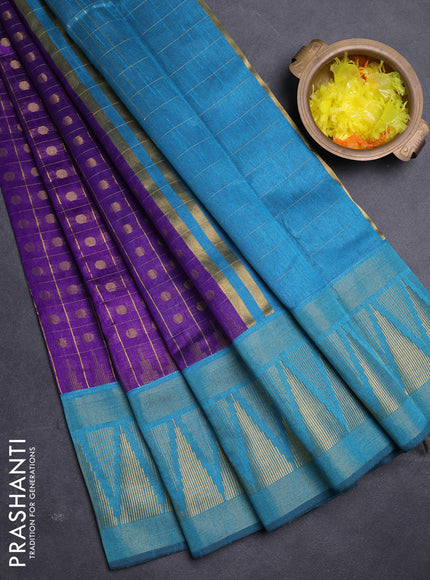 Semi dupion saree violet and peacock blue with allover zari checks & buttas and long temple design zari woven border