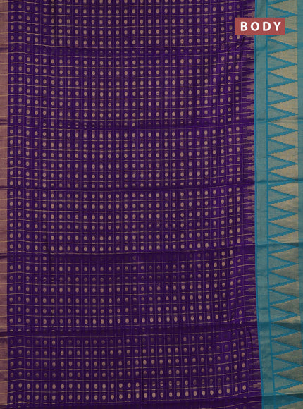 Semi dupion saree violet and peacock blue with allover zari checks & buttas and long temple design zari woven border