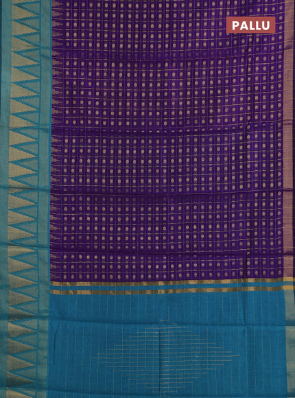 Semi dupion saree violet and peacock blue with allover zari checks & buttas and long temple design zari woven border