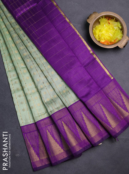Semi dupion saree pastel green and violet with allover zari checks & buttas and long temple design zari woven border