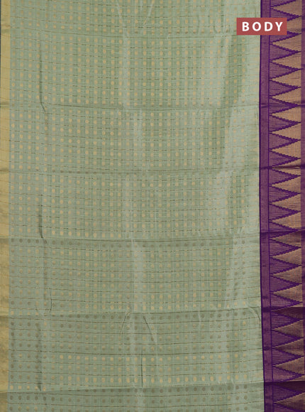 Semi dupion saree pastel green and violet with allover zari checks & buttas and long temple design zari woven border