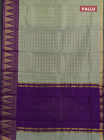 Semi dupion saree pastel green and violet with allover zari checks & buttas and long temple design zari woven border