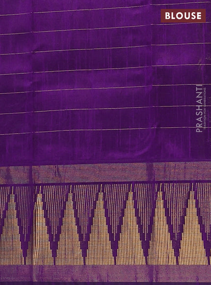 Semi dupion saree pastel green and violet with allover zari checks & buttas and long temple design zari woven border