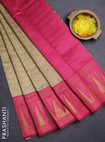 Semi dupion saree dark beige and pink with allover zari checks & buttas and long temple design zari woven border