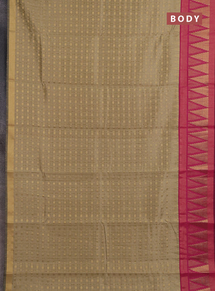 Semi dupion saree dark beige and pink with allover zari checks & buttas and long temple design zari woven border