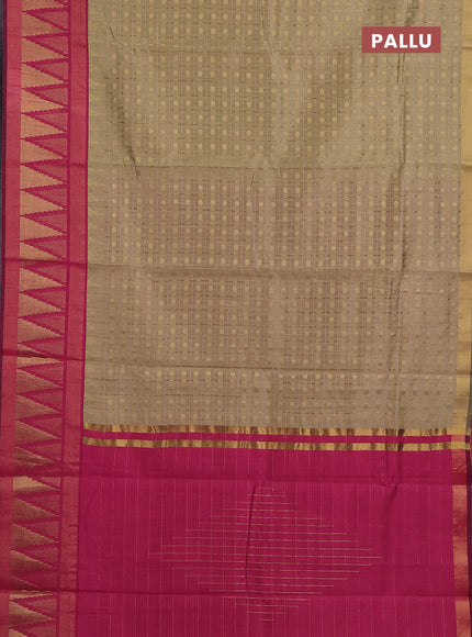 Semi dupion saree dark beige and pink with allover zari checks & buttas and long temple design zari woven border