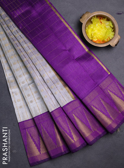 Semi dupion saree pastel grey and violet with allover zari checks & buttas and long temple design zari woven border
