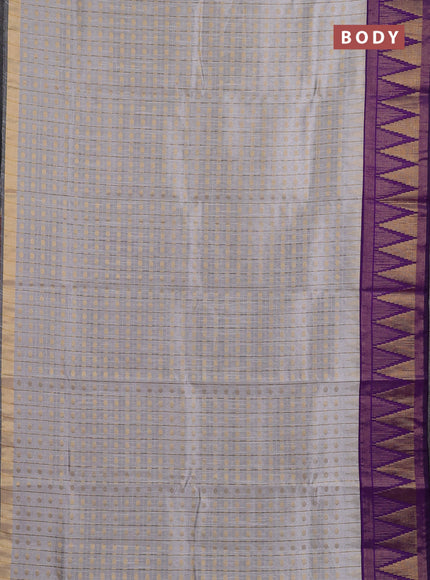 Semi dupion saree pastel grey and violet with allover zari checks & buttas and long temple design zari woven border