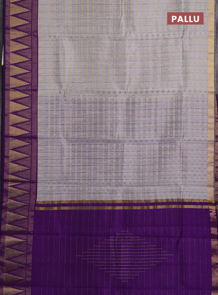 Semi dupion saree pastel grey and violet with allover zari checks & buttas and long temple design zari woven border