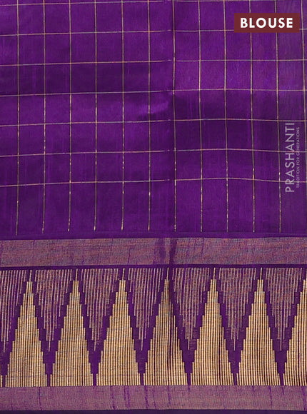 Semi dupion saree pastel grey and violet with allover zari checks & buttas and long temple design zari woven border