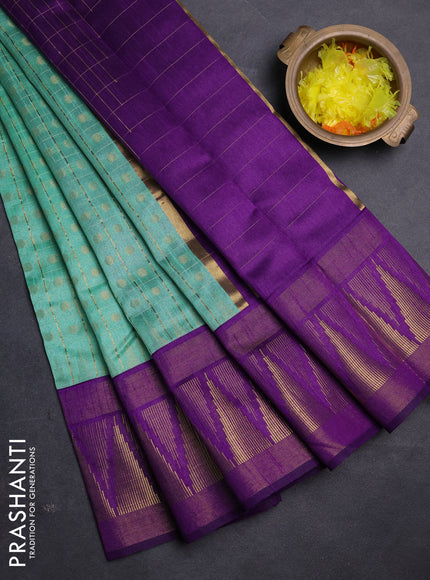 Semi dupion saree pastel green and violet with allover zari checks & buttas and long temple design zari woven border
