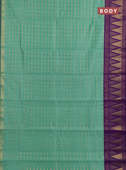 Semi dupion saree pastel green and violet with allover zari checks & buttas and long temple design zari woven border