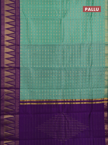 Semi dupion saree pastel green and violet with allover zari checks & buttas and long temple design zari woven border
