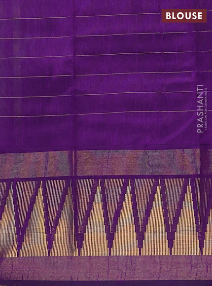 Semi dupion saree pastel green and violet with allover zari checks & buttas and long temple design zari woven border