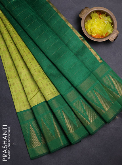 Semi dupion saree lime green and green with allover zari checks & buttas and long temple design zari woven border