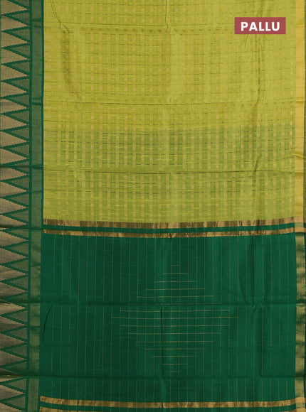 Semi dupion saree lime green and green with allover zari checks & buttas and long temple design zari woven border