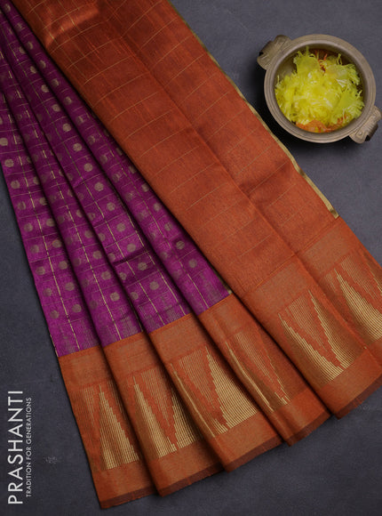 Semi dupion saree magenta pink and orange with allover zari checks & buttas and long temple design zari woven border
