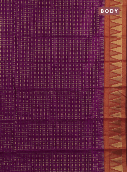 Semi dupion saree magenta pink and orange with allover zari checks & buttas and long temple design zari woven border