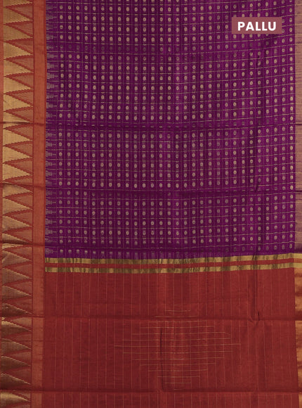 Semi dupion saree magenta pink and orange with allover zari checks & buttas and long temple design zari woven border