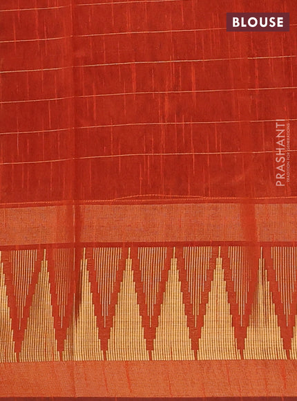 Semi dupion saree magenta pink and orange with allover zari checks & buttas and long temple design zari woven border