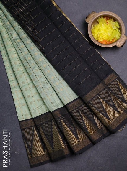 Semi dupion saree pastel green and black with allover zari checks & buttas and long temple design zari woven border