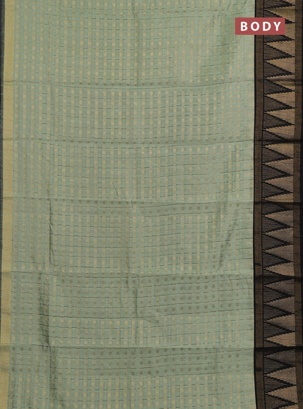 Semi dupion saree pastel green and black with allover zari checks & buttas and long temple design zari woven border
