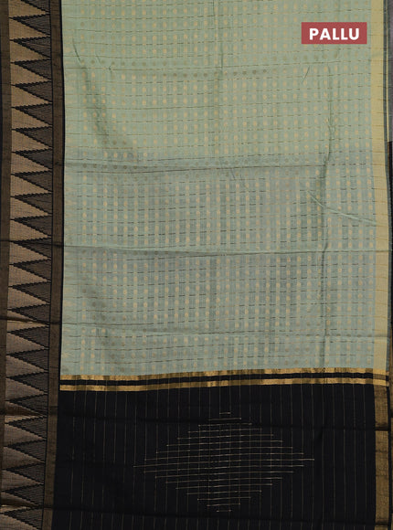 Semi dupion saree pastel green and black with allover zari checks & buttas and long temple design zari woven border