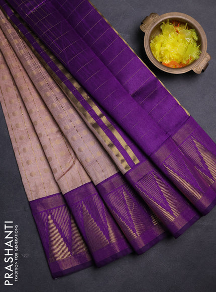 Semi dupion saree pastel pink and violet with allover zari checks & buttas and long temple design zari woven border