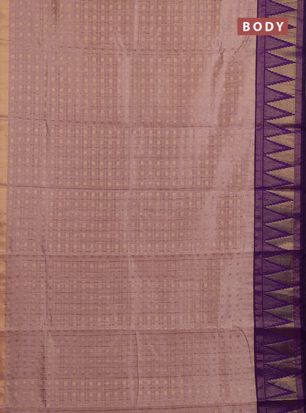 Semi dupion saree pastel pink and violet with allover zari checks & buttas and long temple design zari woven border