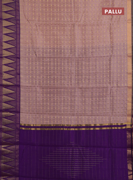 Semi dupion saree pastel pink and violet with allover zari checks & buttas and long temple design zari woven border