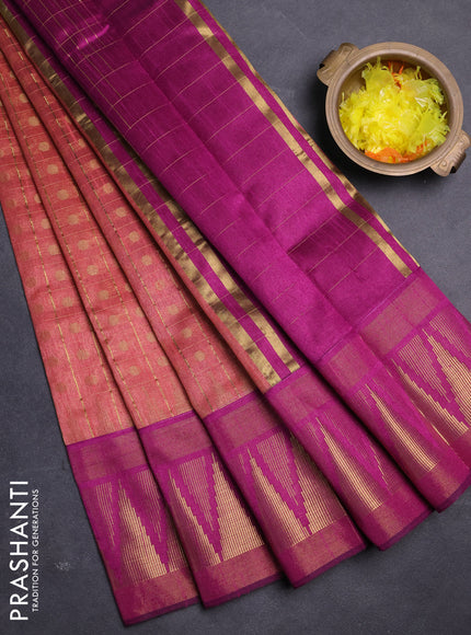 Semi dupion saree peach pink and magenta pink with allover zari checks & buttas and long temple design zari woven border