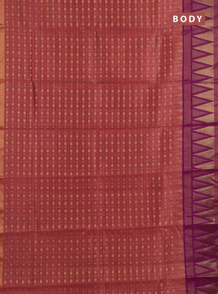 Semi dupion saree peach pink and magenta pink with allover zari checks & buttas and long temple design zari woven border