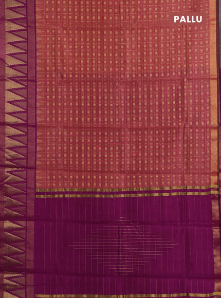 Semi dupion saree peach pink and magenta pink with allover zari checks & buttas and long temple design zari woven border