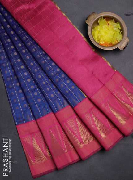 Semi dupion saree blue and pink with allover zari checks & buttas and long temple design zari woven border