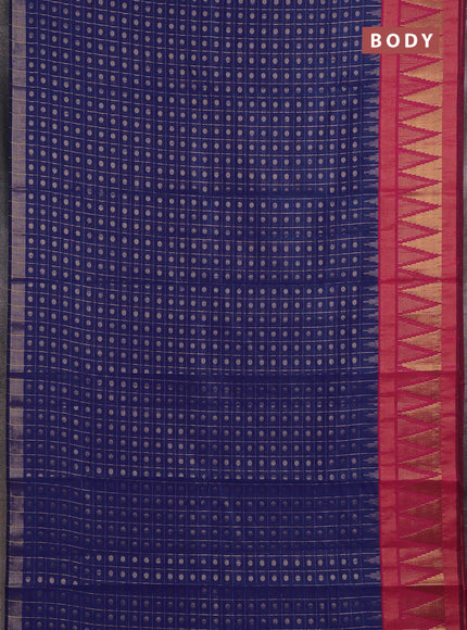 Semi dupion saree blue and pink with allover zari checks & buttas and long temple design zari woven border