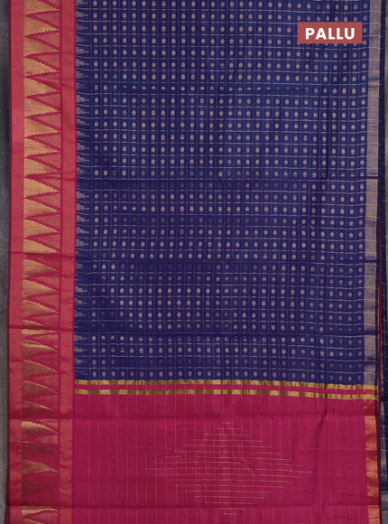 Semi dupion saree blue and pink with allover zari checks & buttas and long temple design zari woven border
